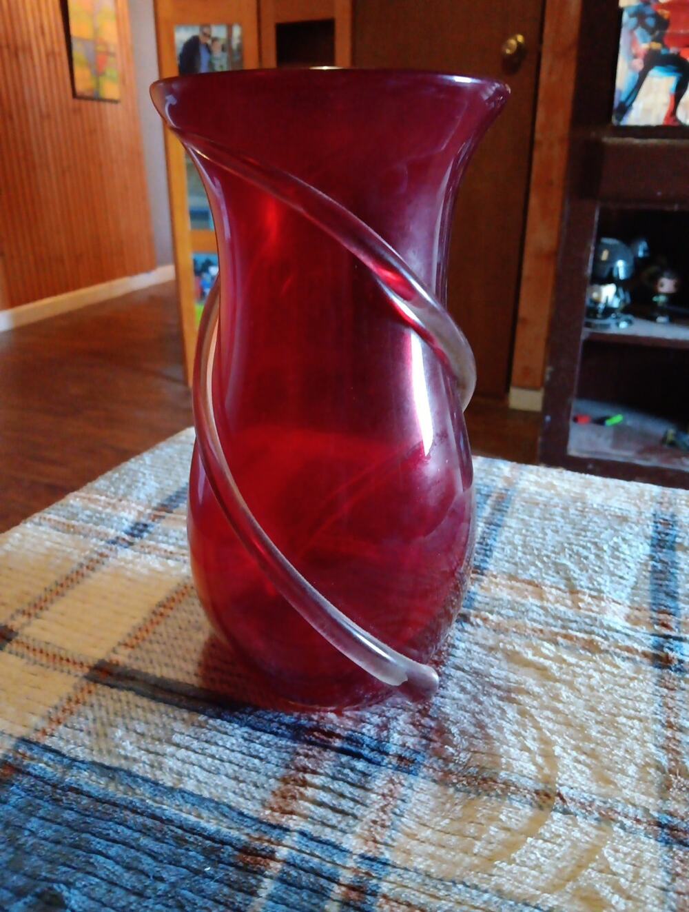 vintage ruby red glass vase applied clear swirl Handblown 91/2”